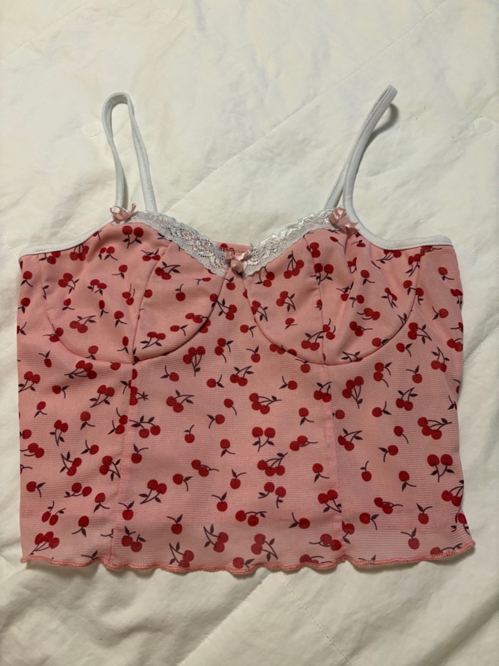ROMWE Pink Camisole with Red Cherry Print and White Lace